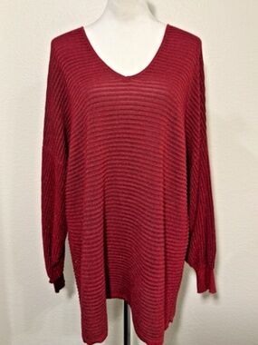 1.STATE Womens 3X Red Shimmer Ribbed V-Neck Sweater Plus Size